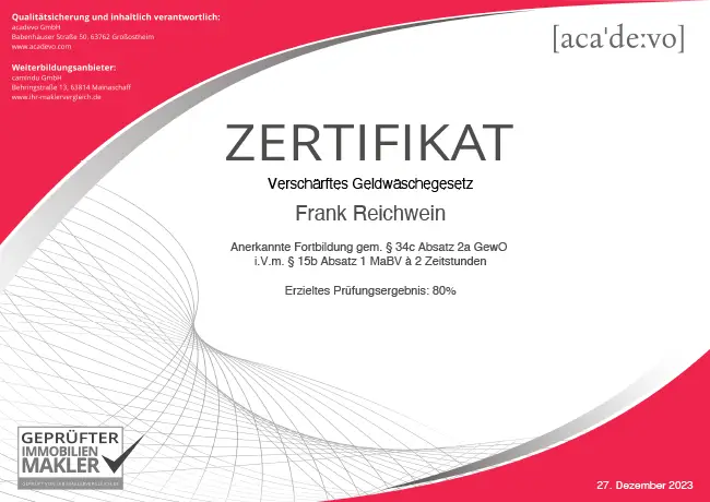 Zertifikat - Verschärftes Geldwäschegesetz